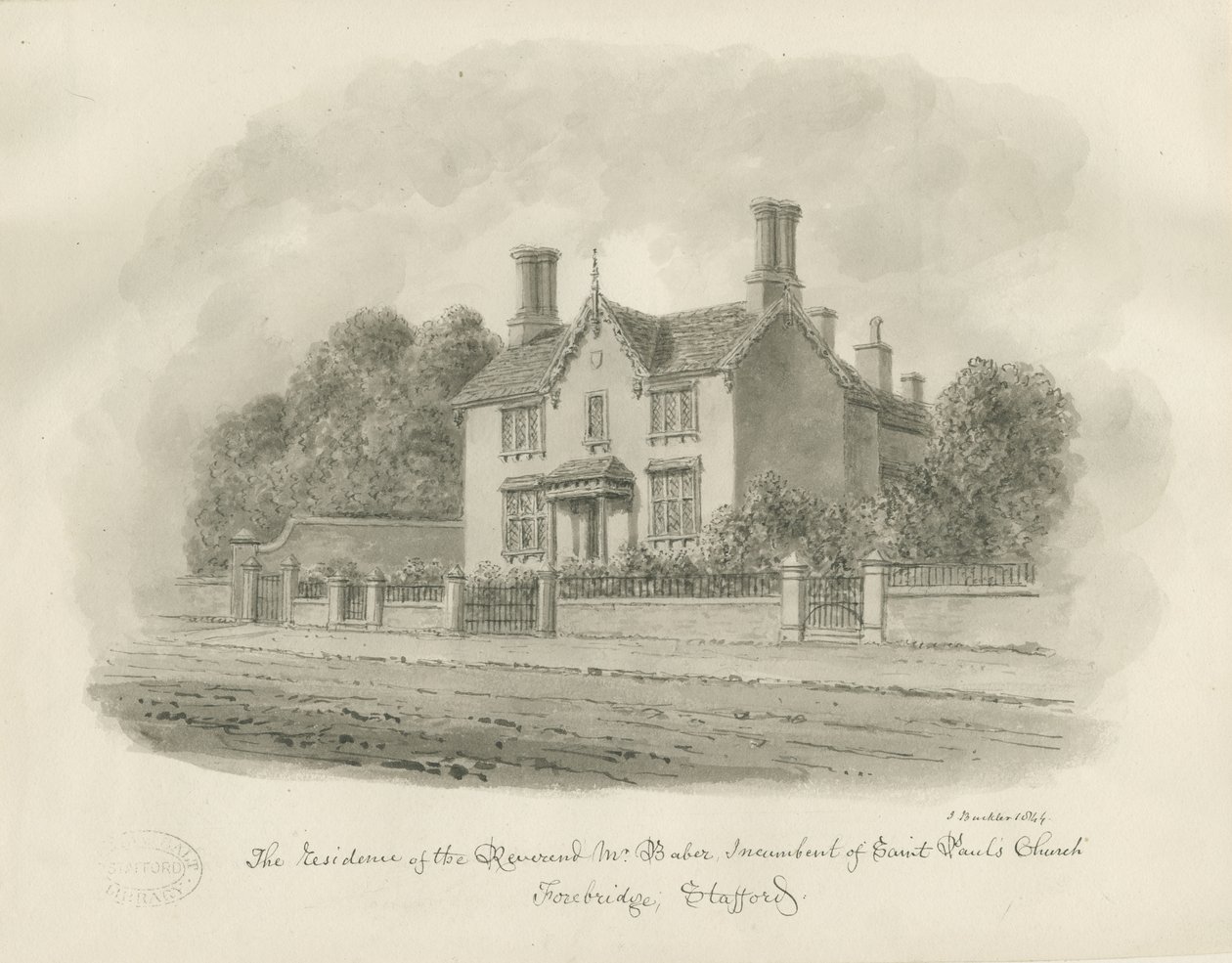Stafford - residens til pastor Baber: sepia-tegning, 1844 av John Buckler