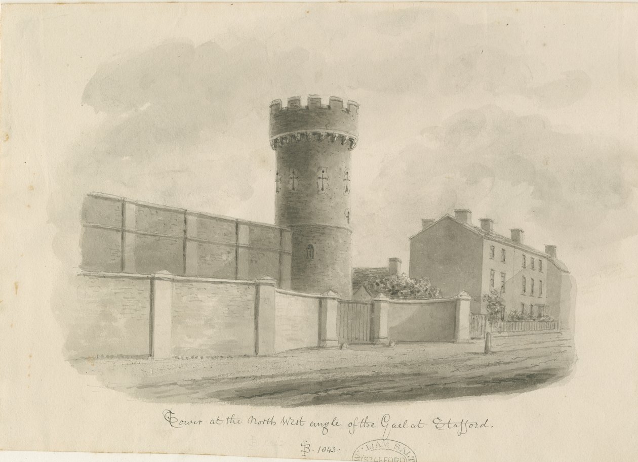 Stafford - Round Tower of the Gaol: sepia-tegning, 1843 av John Buckler