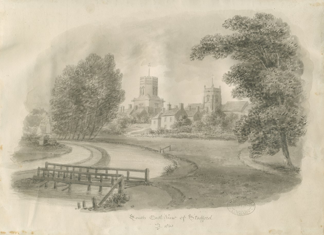 Stafford - South East View: sepia-tegning av John Buckler