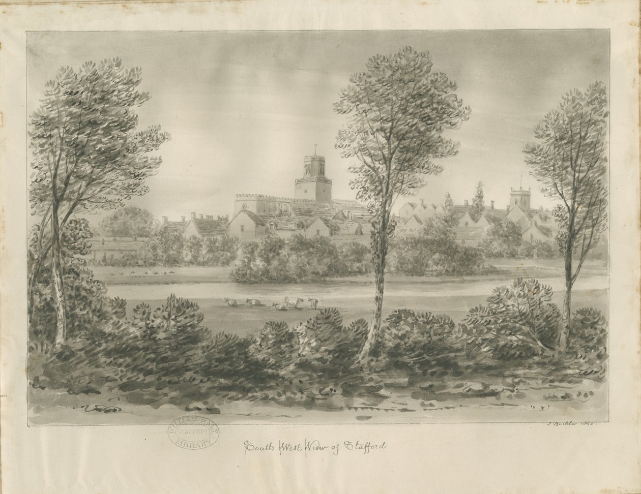 Stafford - South West View: sepia-tegning av John Buckler