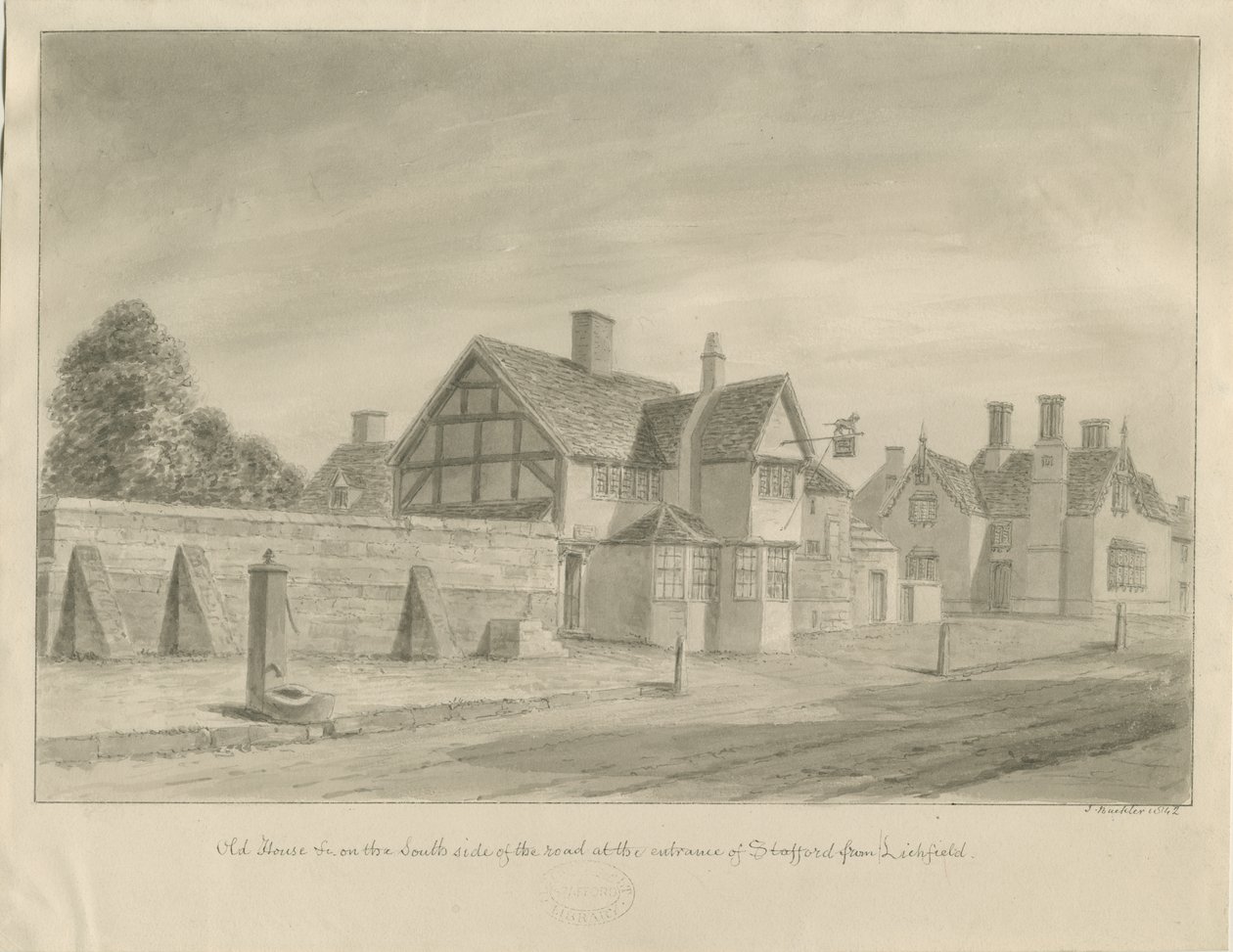 Stafford - [The White Lion Inn]: sepia-tegning, 1842 av John Buckler