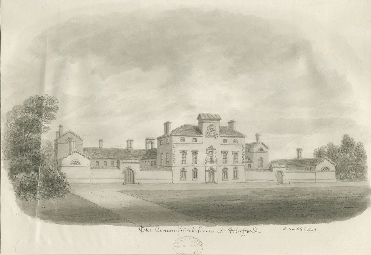 Stafford - Union Workhouse: sepia-tegning av John Buckler