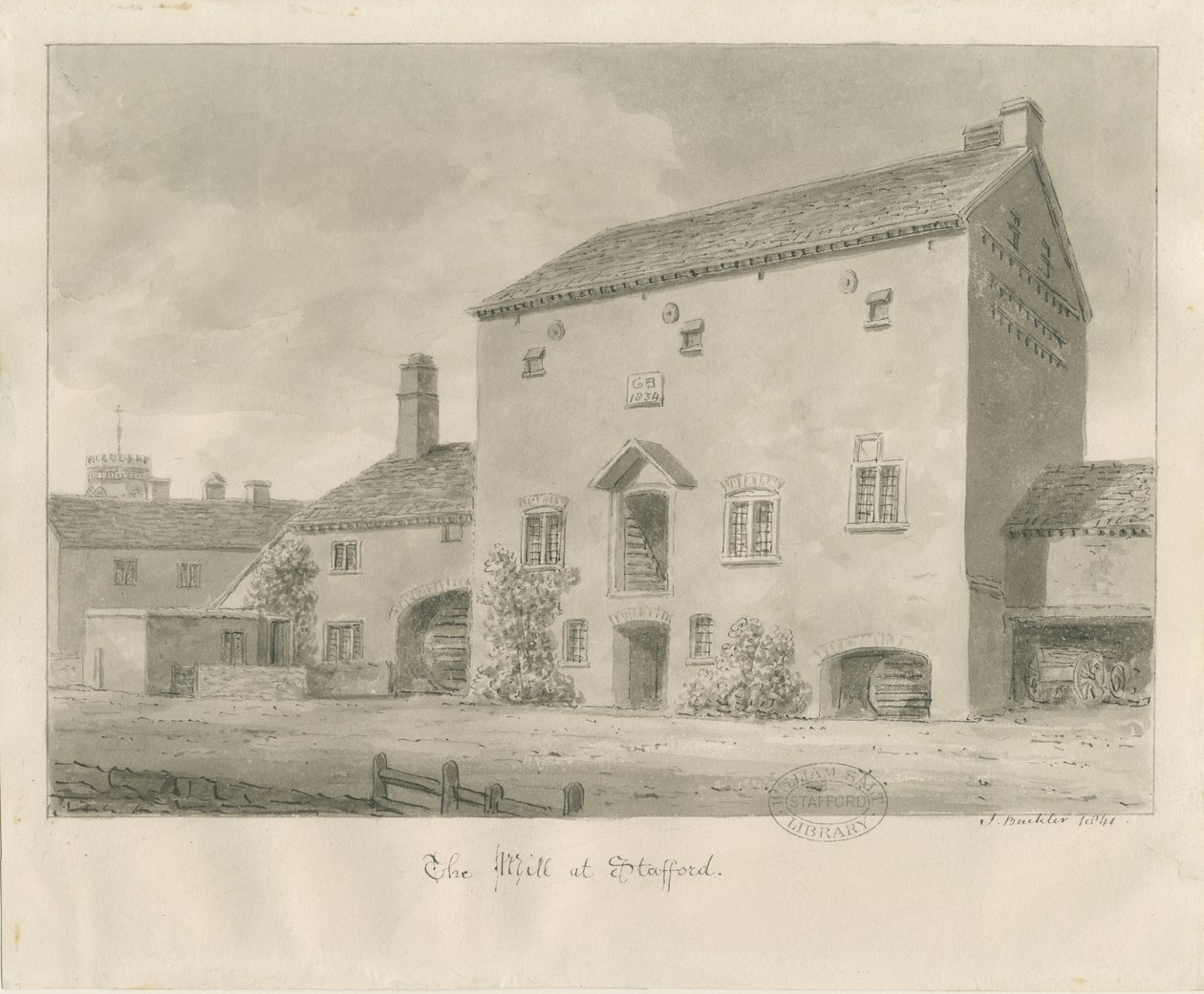 Stafford - Water Mill: sepia vask tegning av John Buckler