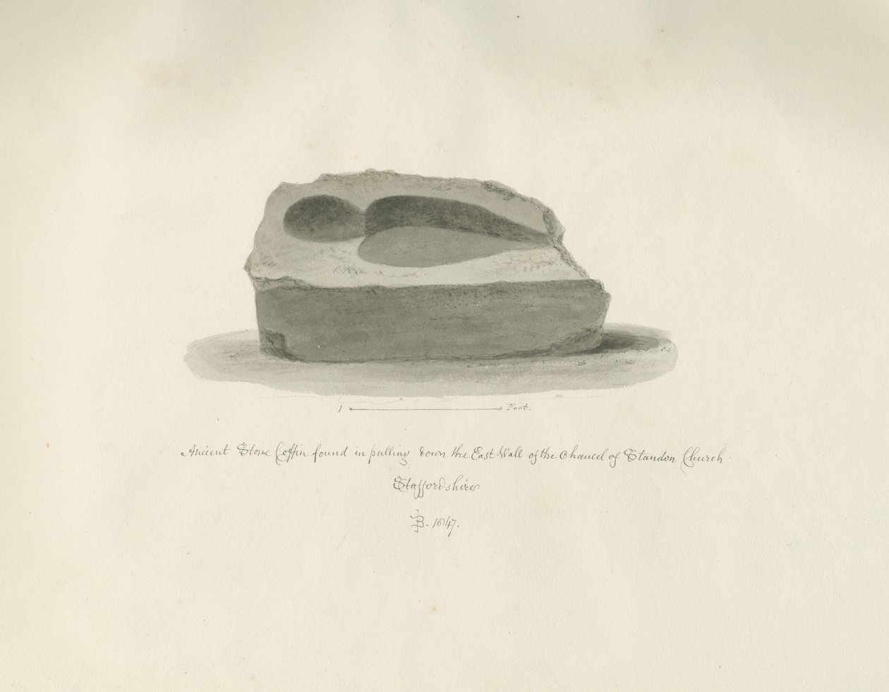 Standon kirke: eldgammel steinkiste: sepia-tegning, 1847 av John Buckler