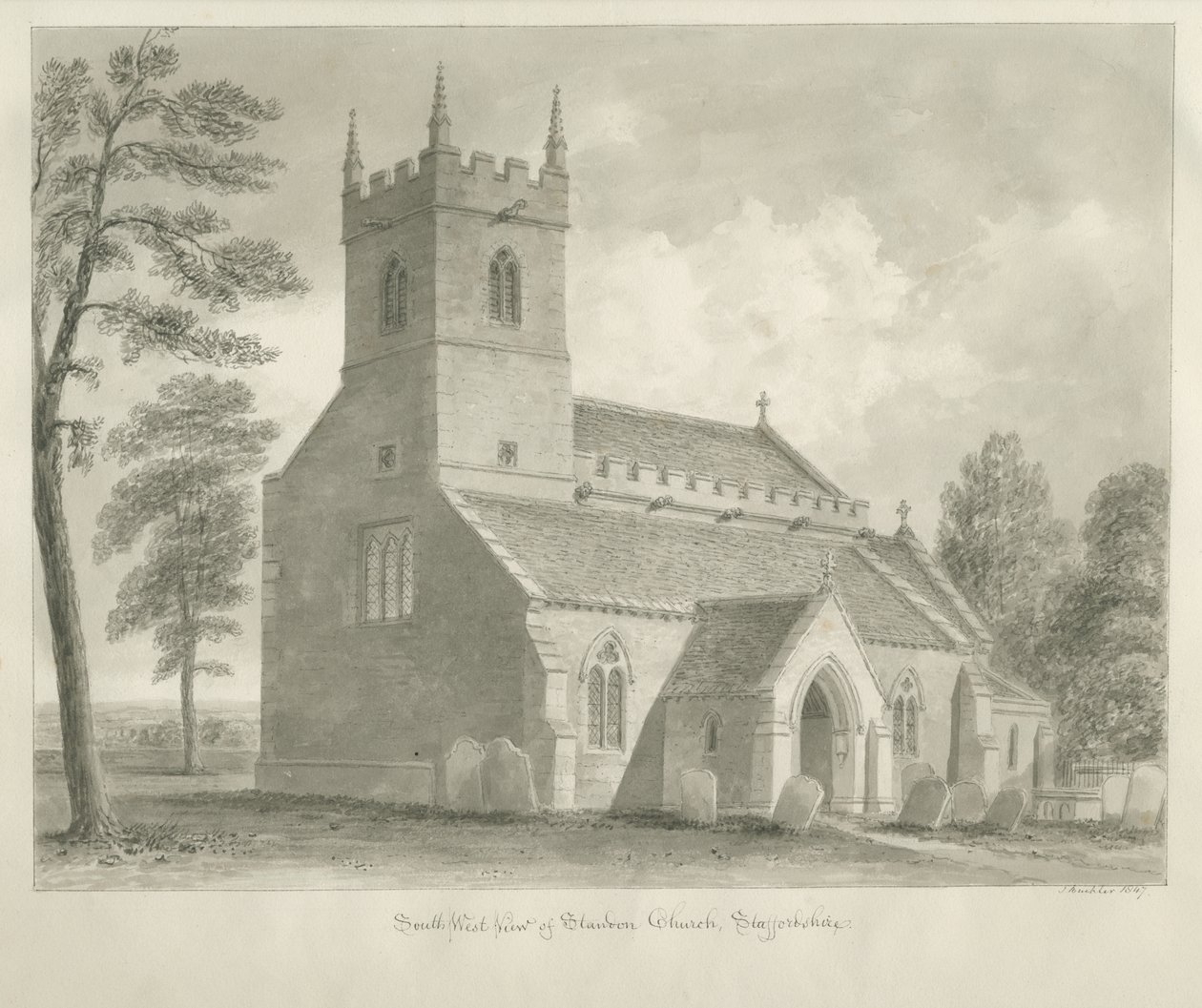 Standon kirke: sepia-tegning av John Buckler