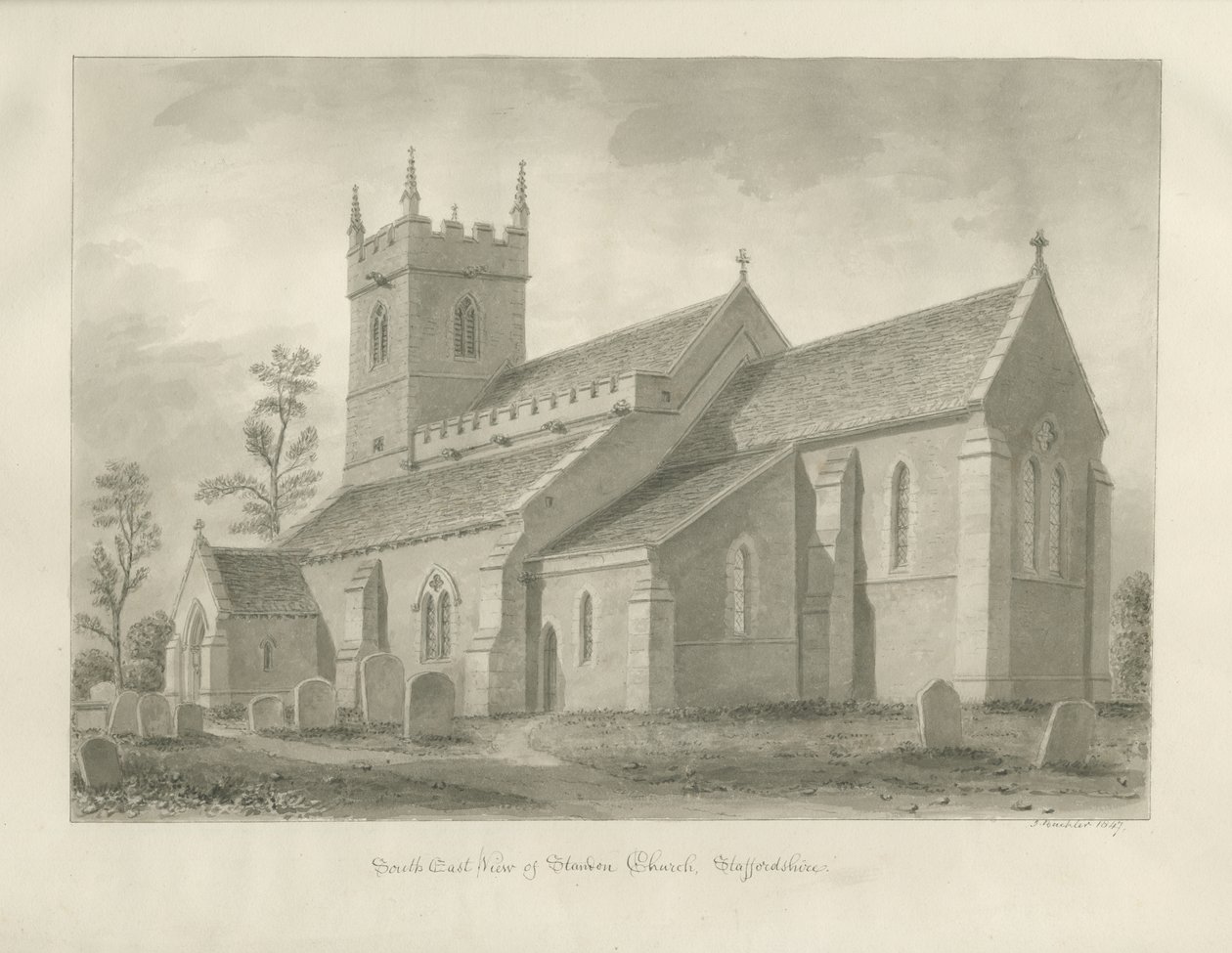 Standon kirke: sepia-tegning av John Buckler