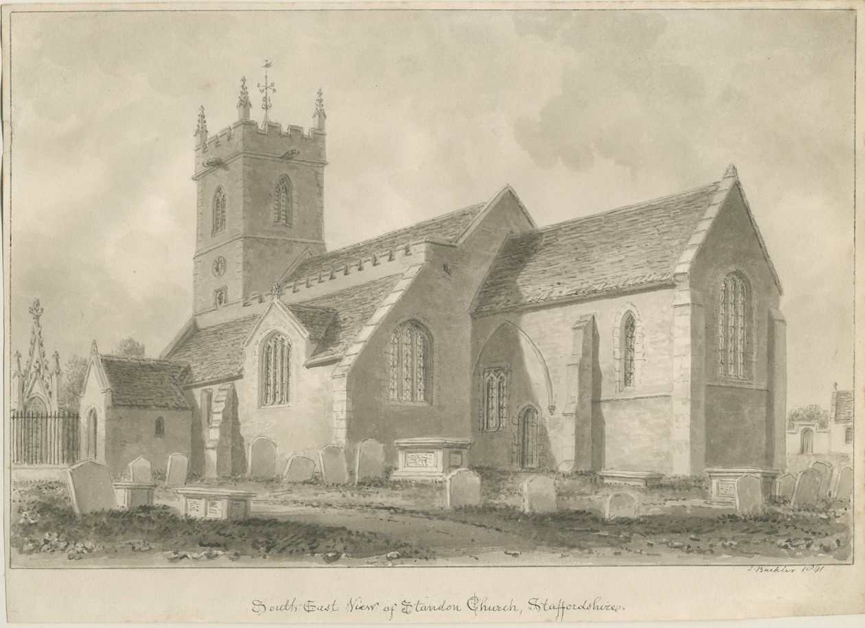 Standon kirke: sepia-tegning av John Buckler