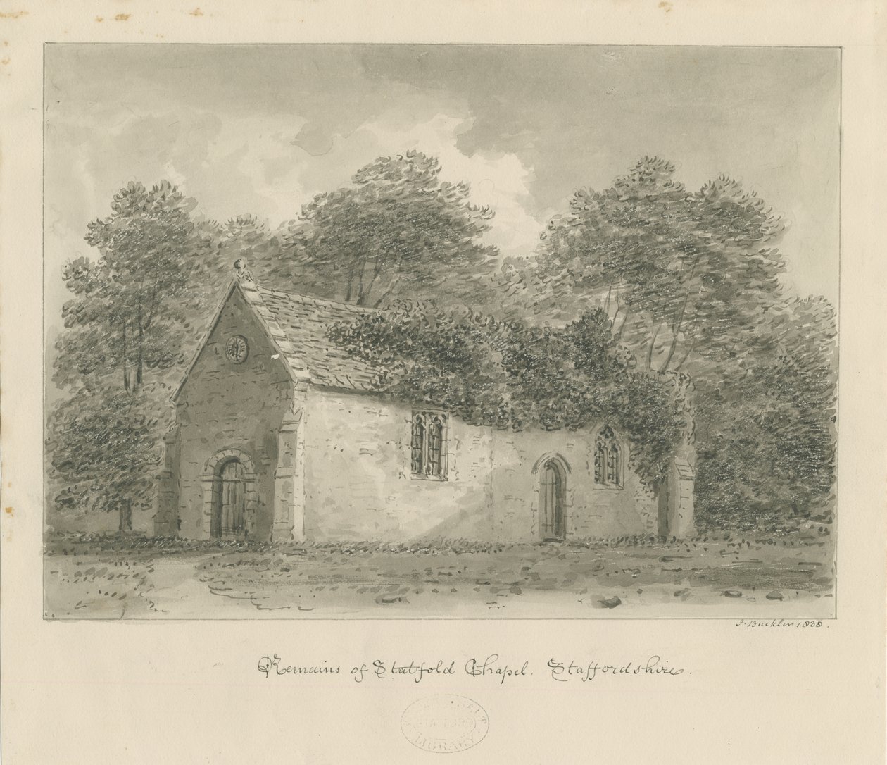 Statfold kapell: sepia tegning av John Buckler