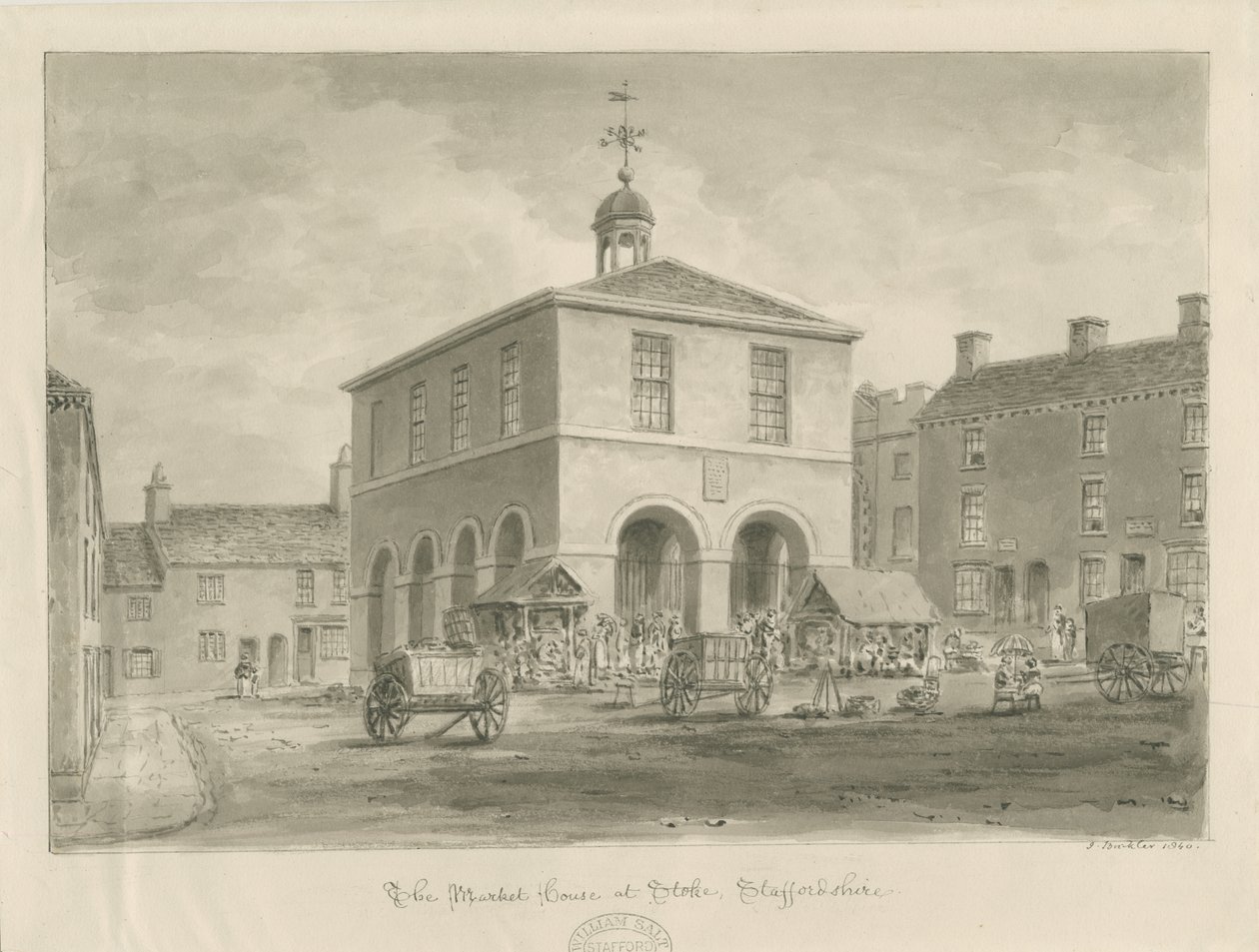 Stoke-upon-Trent - Market House: sepia-tegning av John Buckler