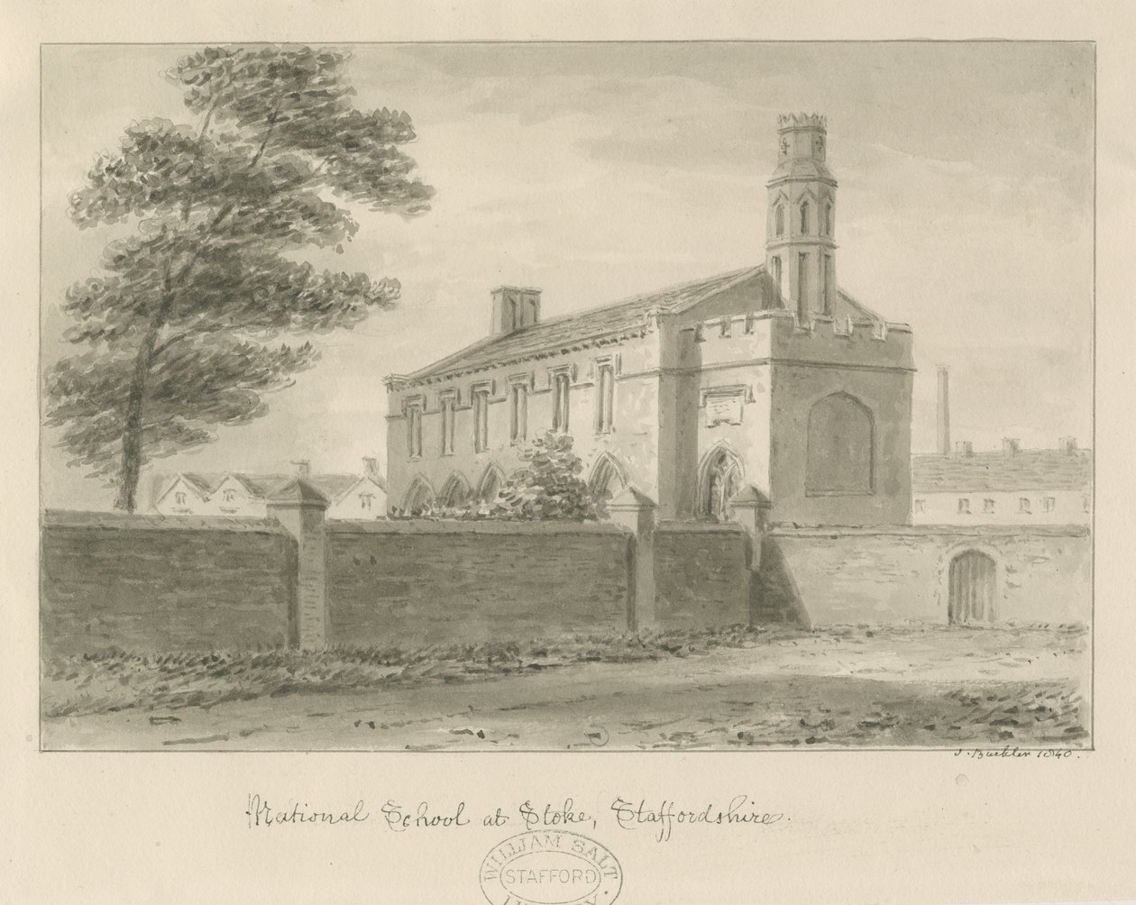 Stoke-upon-Trent - National School: sepia-tegning, 1840 av John Buckler