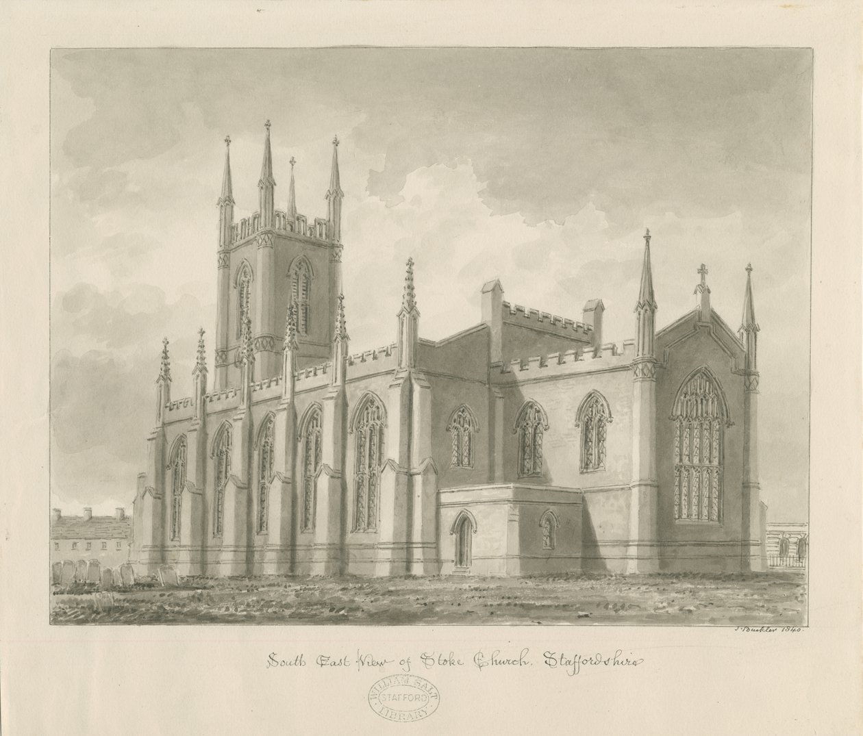 Stoke-upon-Trent Church [Ny]: sepia-tegning av John Buckler