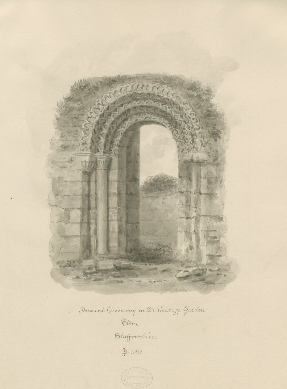 Stone - Ancient Doorway in Vicarage Garden: sepia-tegning, 1841 av John Buckler
