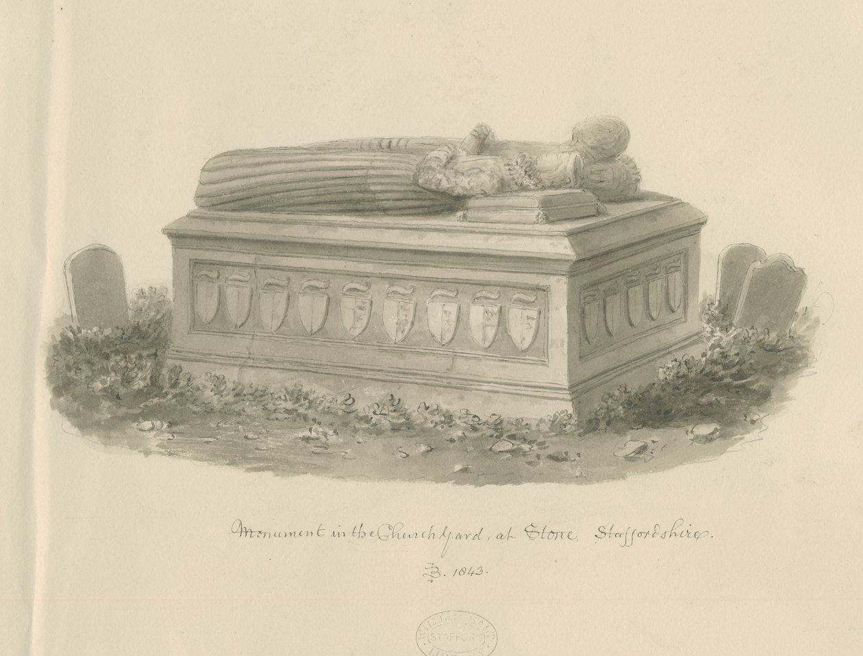 Stone Church - [Tomb of William Crompton]: sepia-tegning av John Buckler