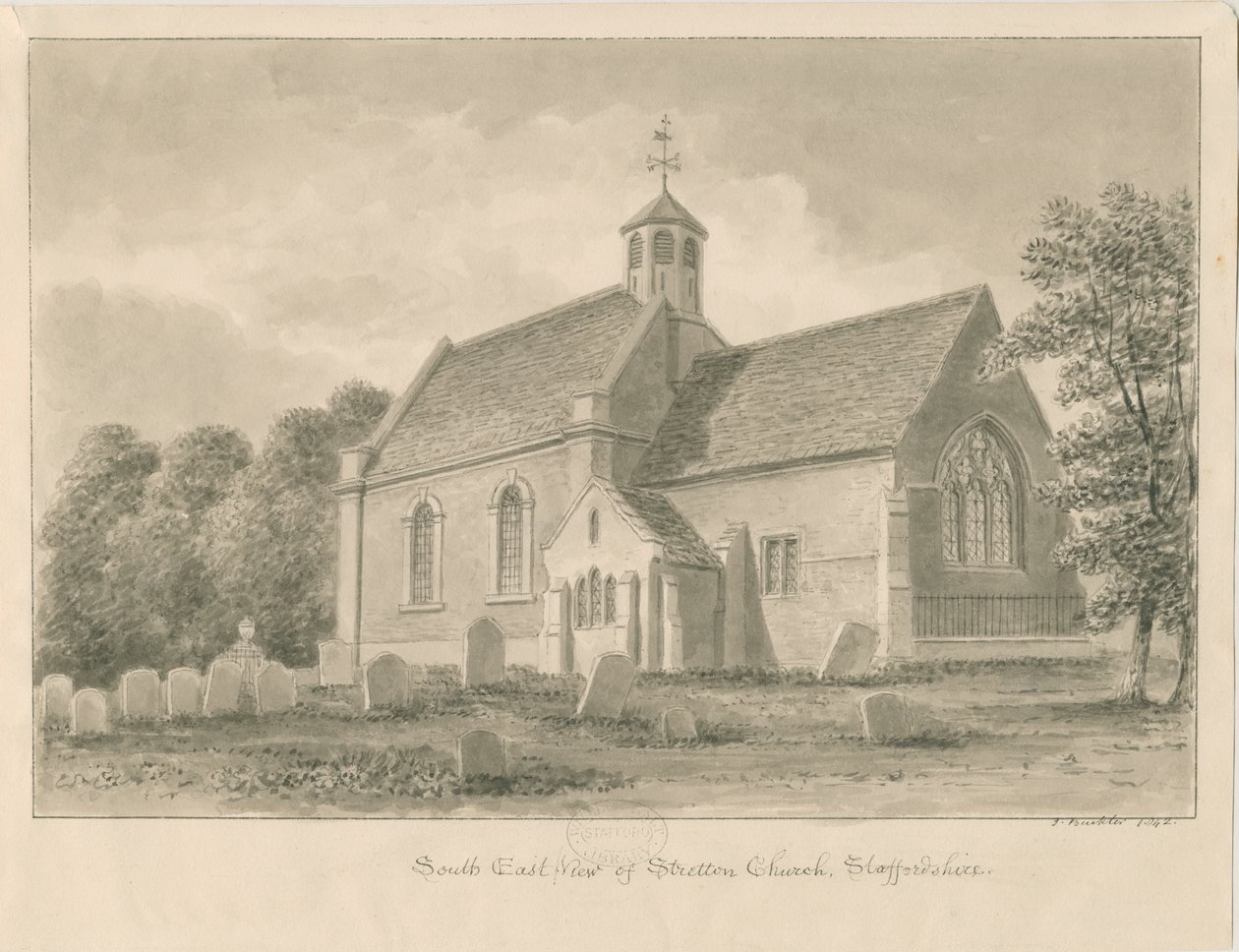 Stretton Church: sepia-tegning, 1842 av John Buckler