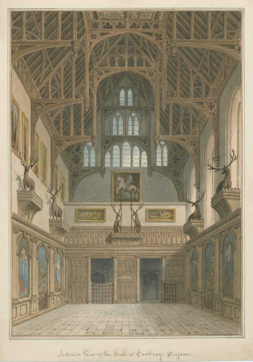 Sussex - Cowdray House - Interiør i Hall av John Buckler