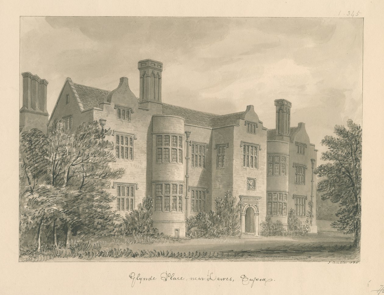 Sussex - Lewes - Glynde Place: sepia-tegning, 1830 av John Buckler