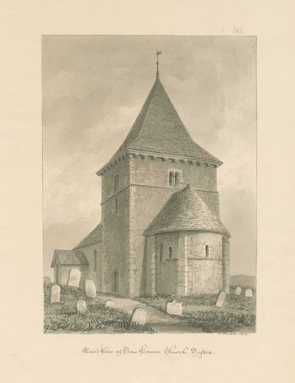 Sussex - Newhaven Church: sepia-tegning, 1830 av John Buckler