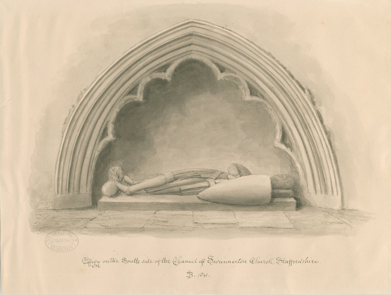 Swynnerton Church - Effigy: sepia vasketegning, 1841 av John Buckler