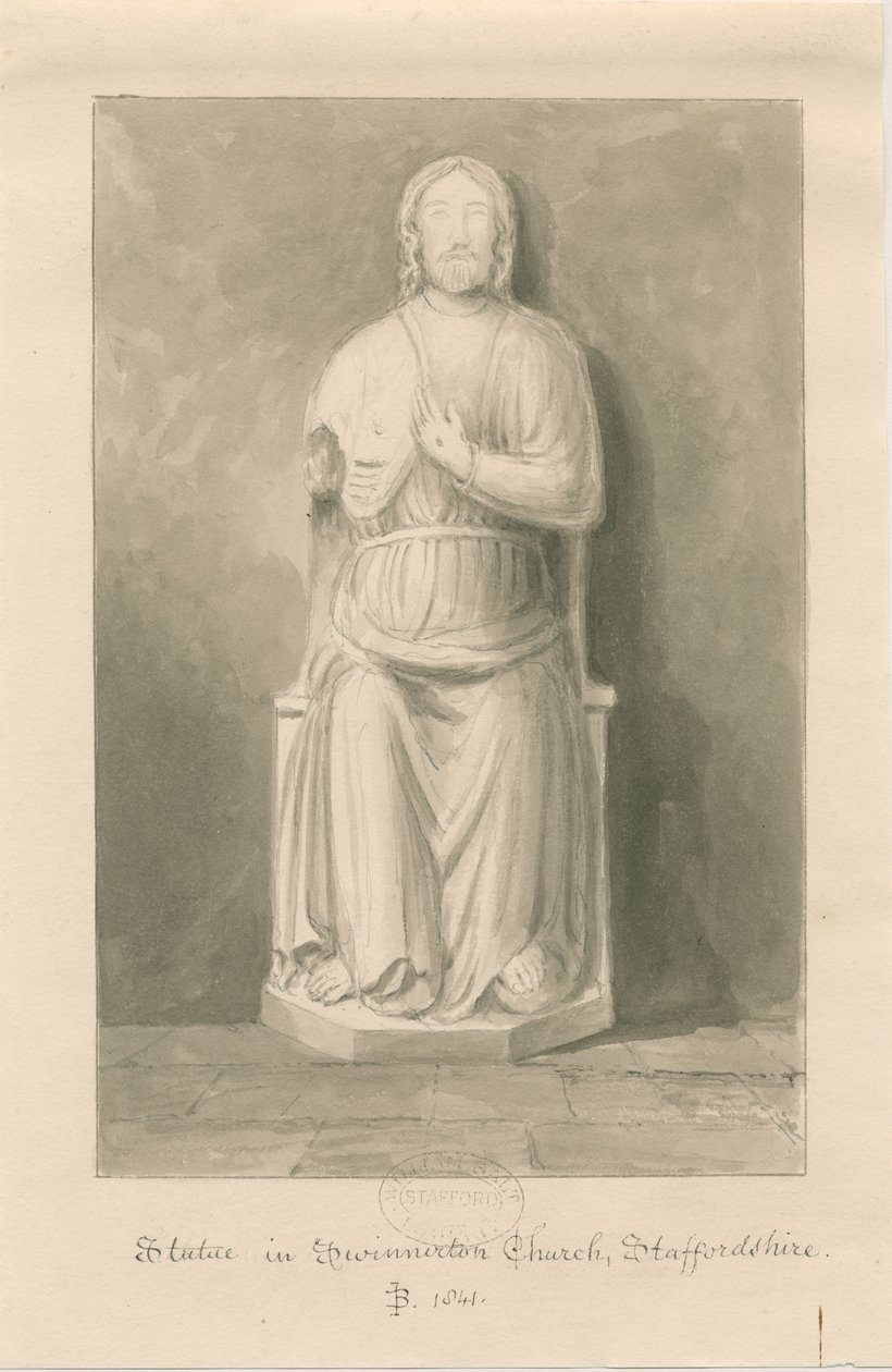 Swynnerton Church - Statue av Jesus Kristus: sepia vask tegning av John Buckler