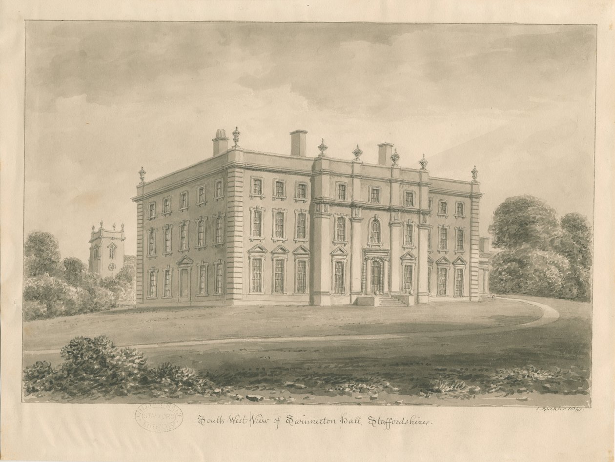 Swynnerton Hall: sepia-tegning, 1841 av John Buckler