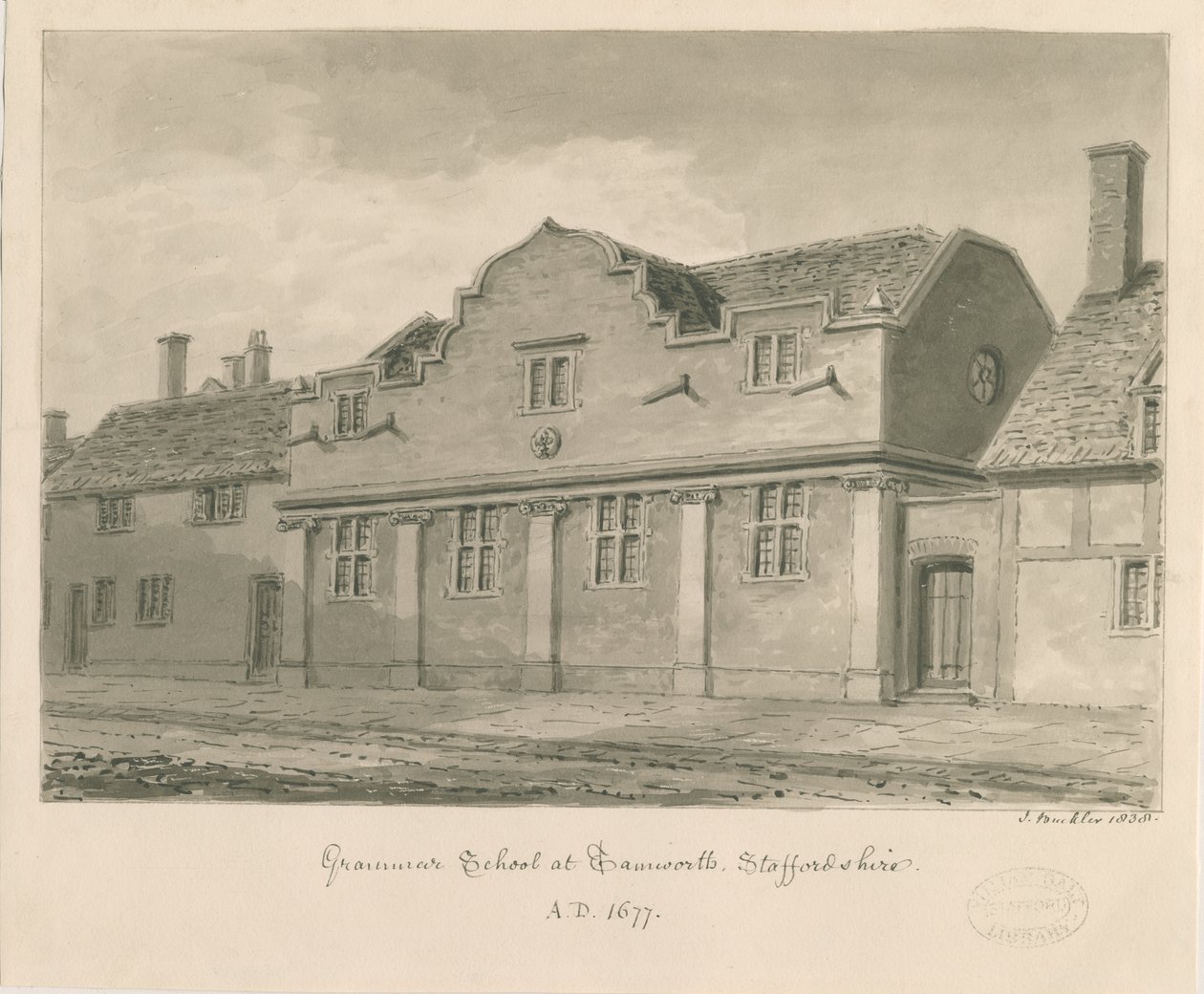 Tamworth - Grammar School: sepia-tegning, 1838 av John Buckler