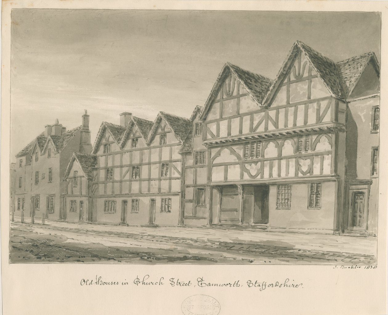 Tamworth - Old Houses in Church Street: sepia vasketegning, 1838 av John Buckler