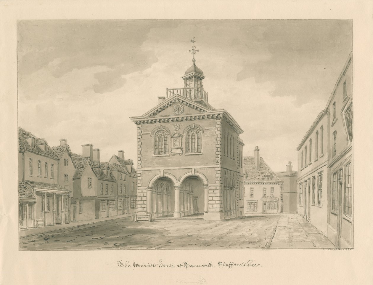 Tamworth - The Market House: sepia-tegning av John Buckler