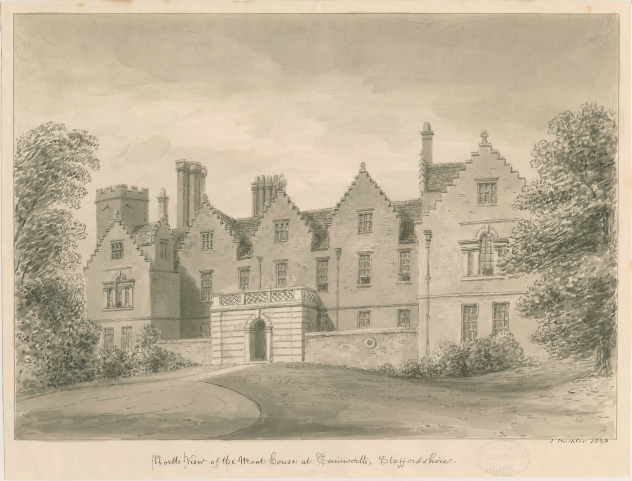 Tamworth - The Moat House: sepia-tegning av John Buckler