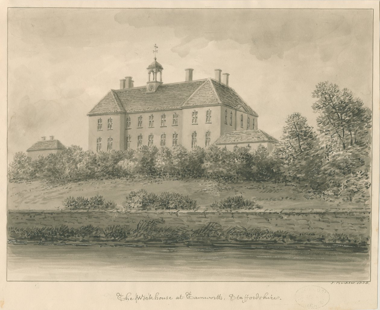 Tamworth - The Workhouse: sepia-tegning, 1838 av John Buckler