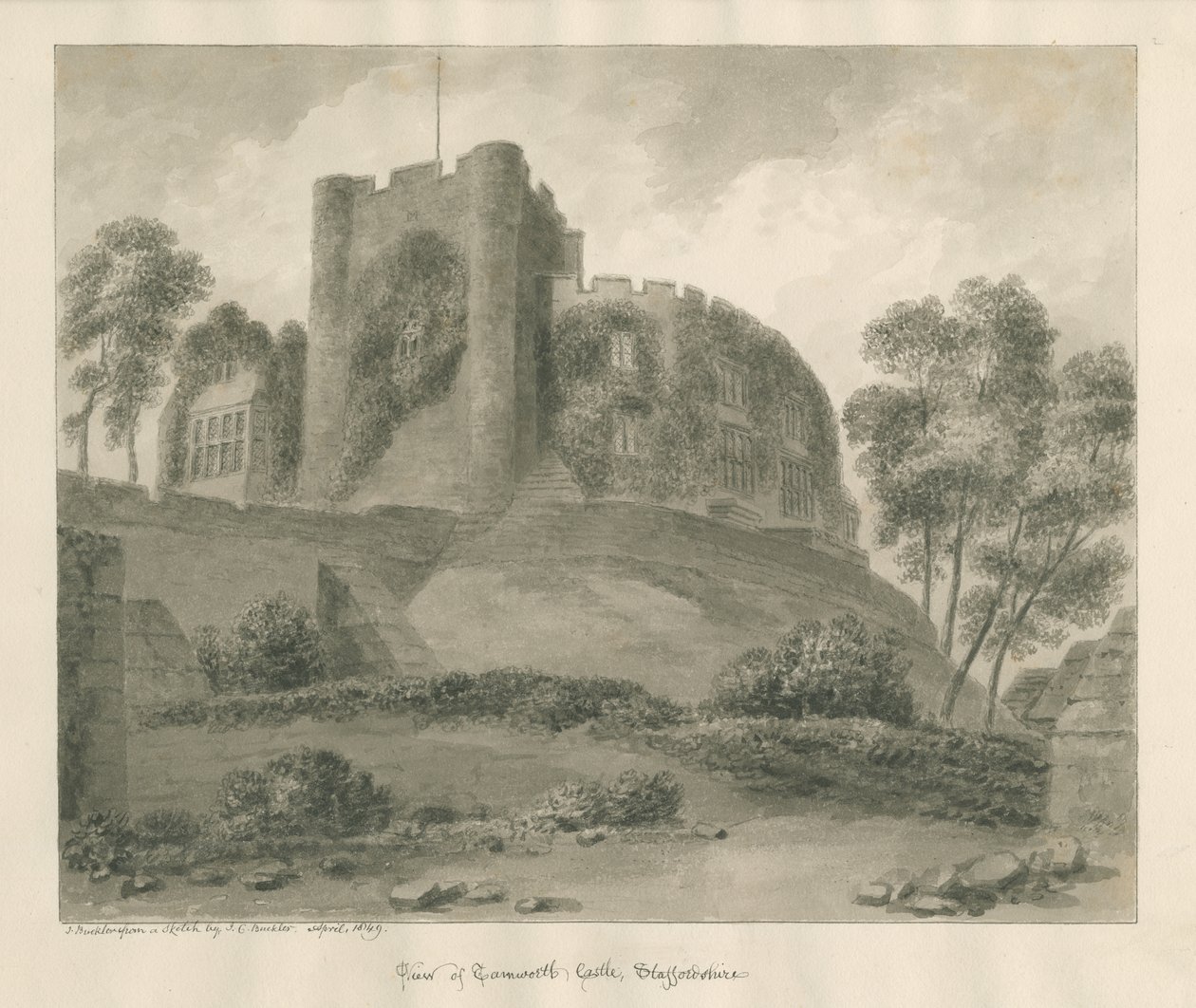 Tamworth Castle: sepia-tegning, april 1849 av John Buckler