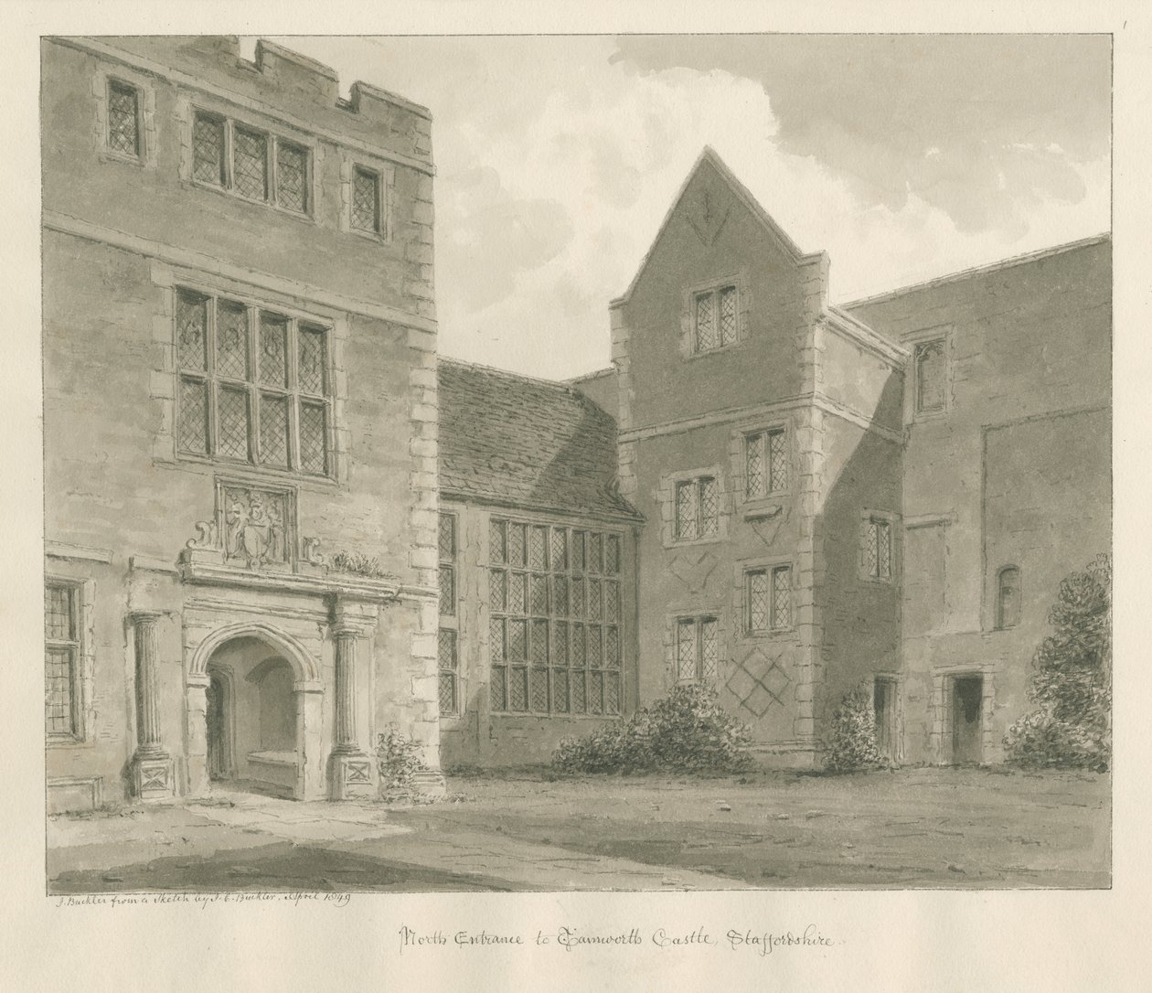 Tamworth Castle: sepia-tegning, april 1849 av John Buckler