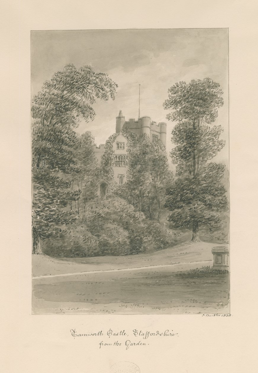 Tamworth Castle: sepia vask tegning av John Buckler