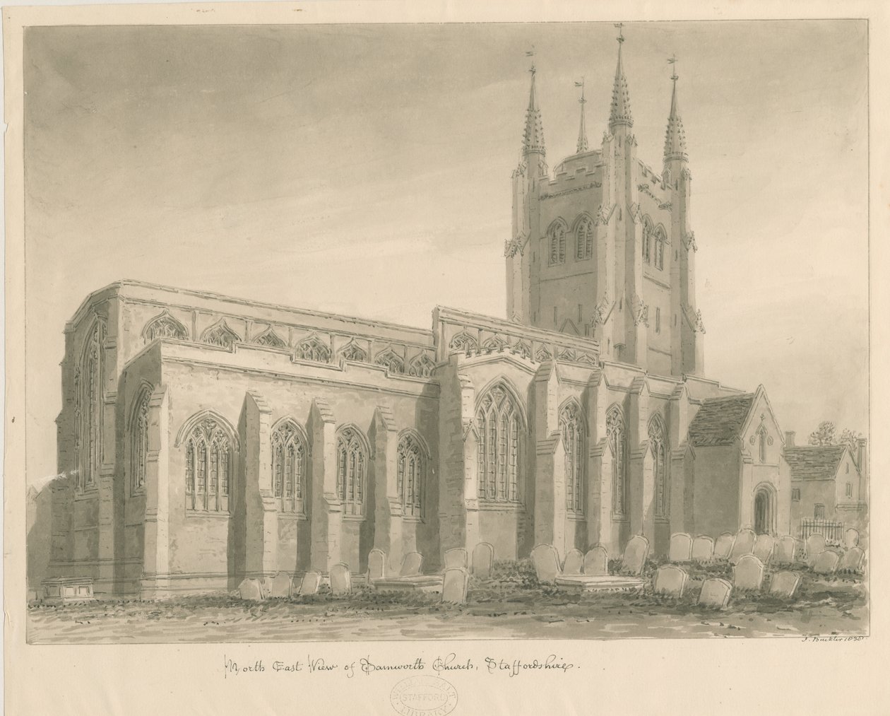Tamworth Church: sepia-tegning av John Buckler