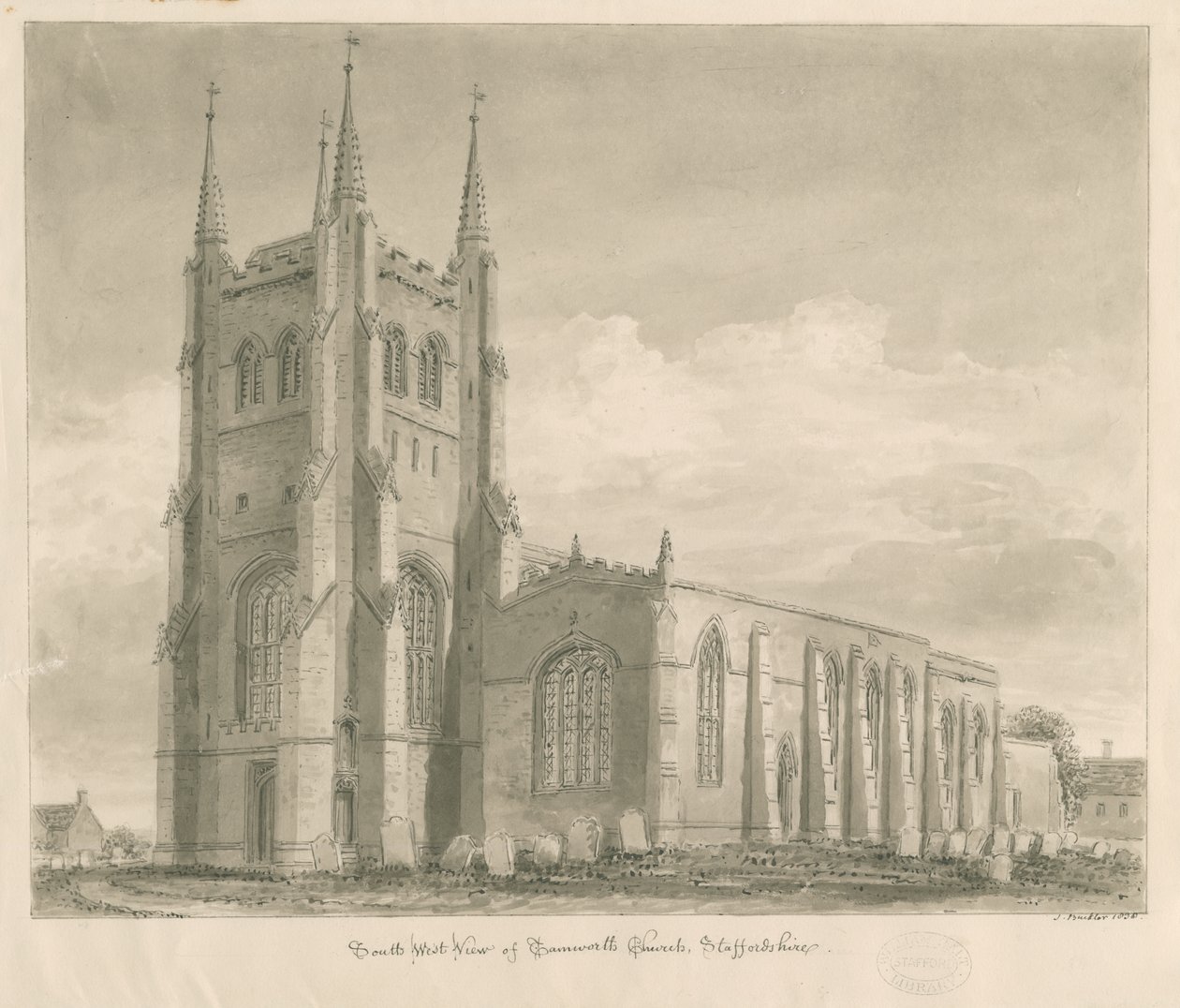 Tamworth Church: sepia-tegning av John Buckler