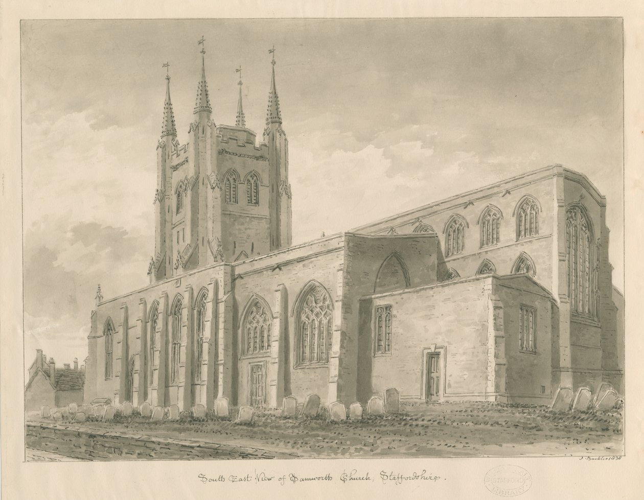 Tamworth Church: sepia vask tegning av John Buckler