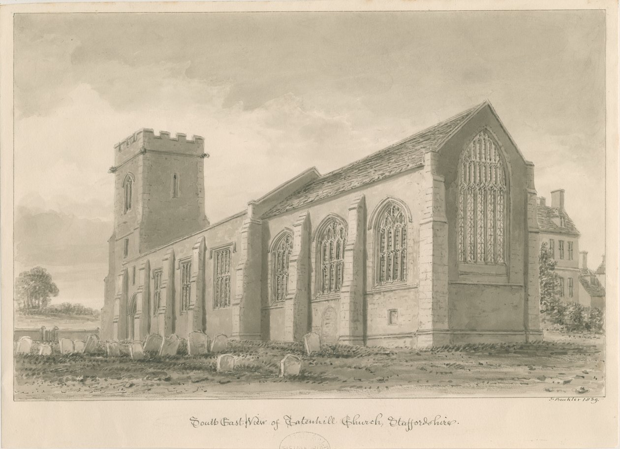 Tatenhill Church: sepia vasketegning av John Buckler