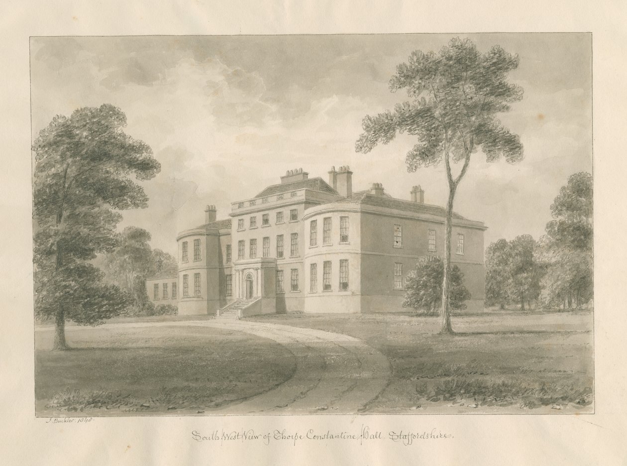 Thorpe Constantine Hall: sepia vasketegning, 1848 av John Buckler