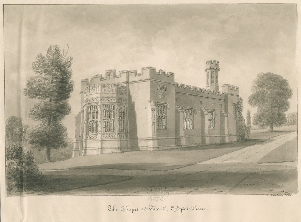Tixall - Kapell i Tixall Hall: sepia vask tegning av John Buckler