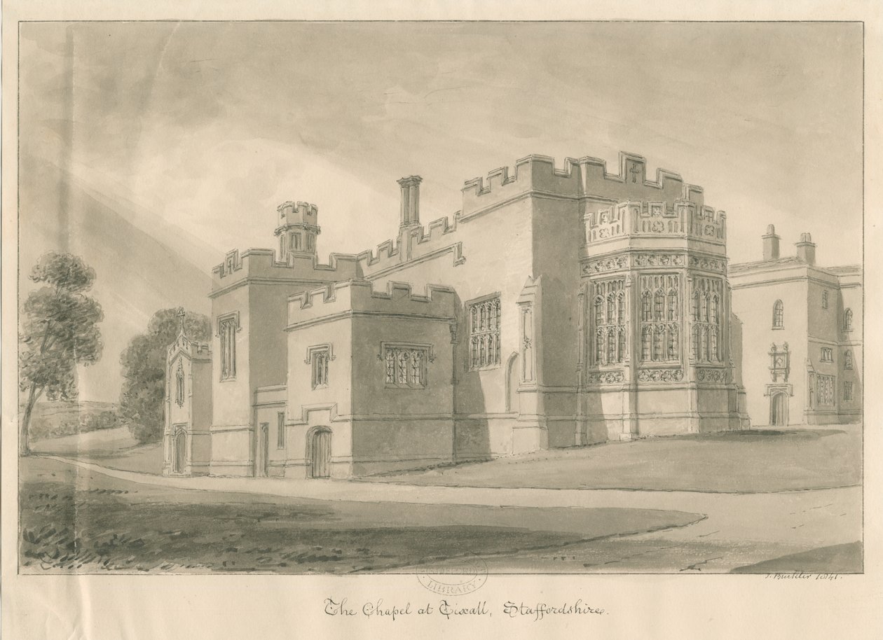Tixall - Kapell i Tixall Hall: sepia vasketegning, 1841 av John Buckler