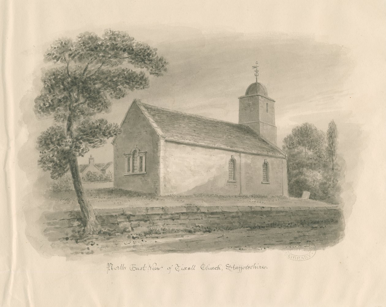 Tixall kirke: sepia vasketegning, nd [?1841] av John Buckler