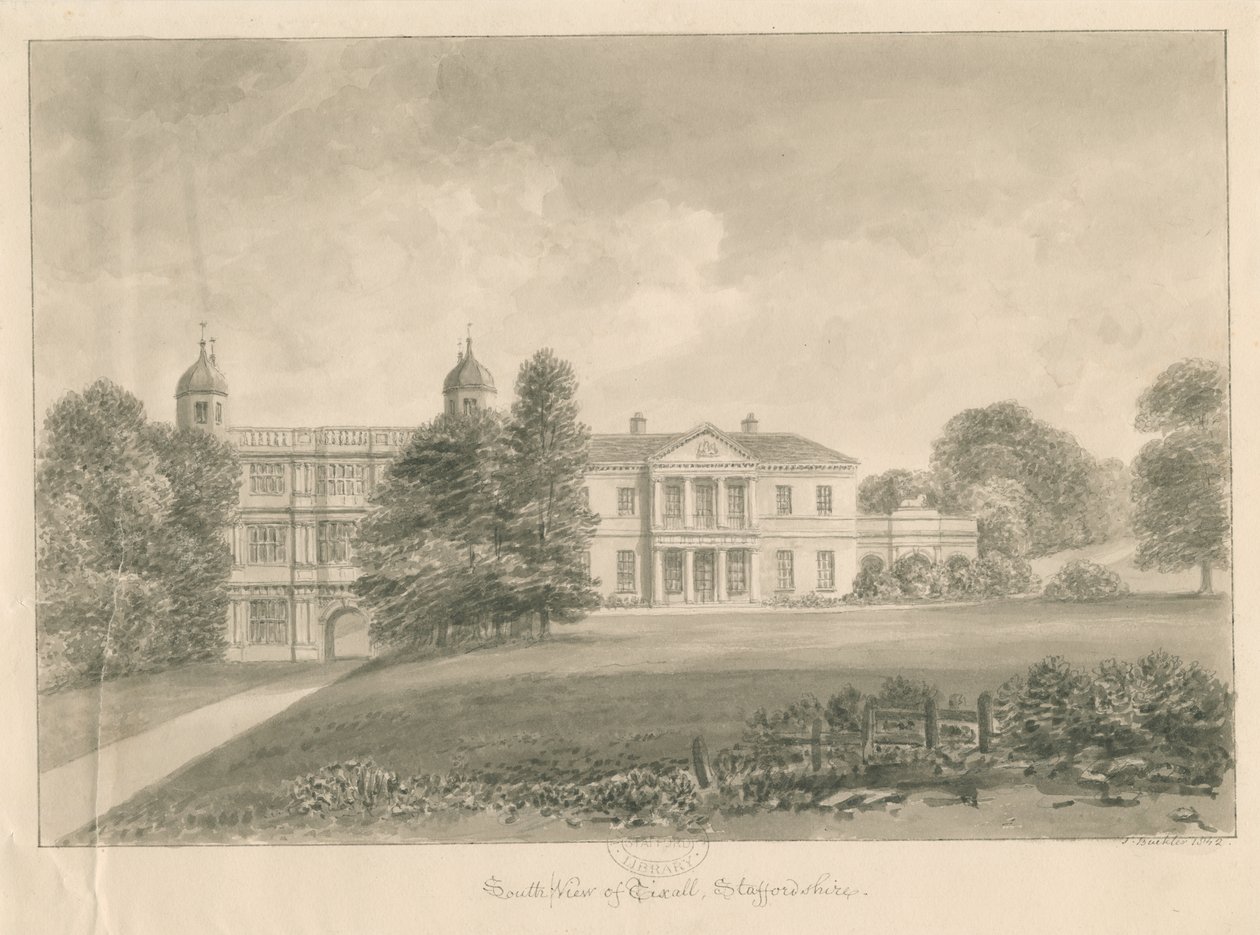 Tixall Hall and Gatehouse: sepia vasketegning, 1842 av John Buckler