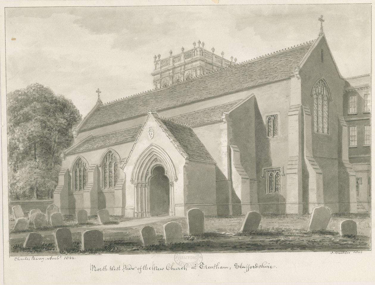 Trentham - New Church: sepia-tegning, 1844 av John Buckler