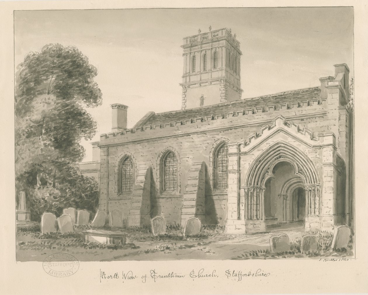 Trentham Church: sepia vasketegning, 1840 av John Buckler