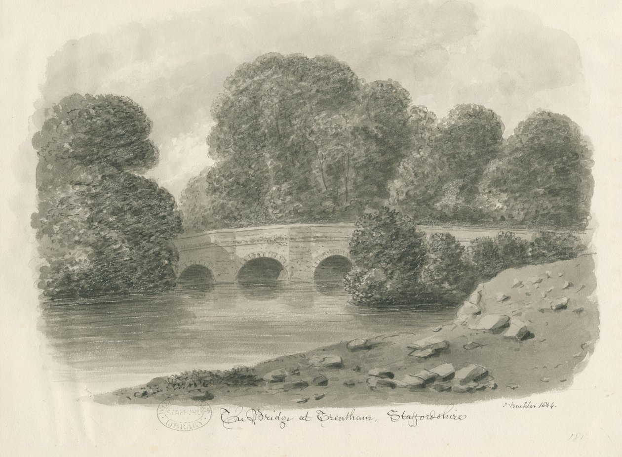 Trentham Hall - Bridge: sepia vasketegning, 1844 av John Buckler