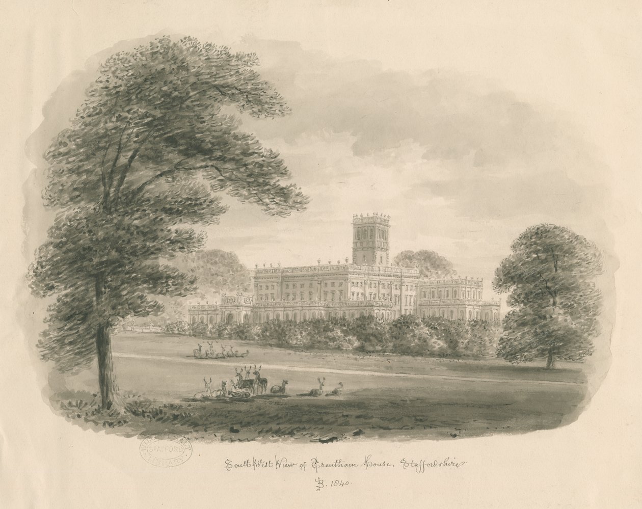 Trentham Hall: sepia-tegning, 1840 av John Buckler