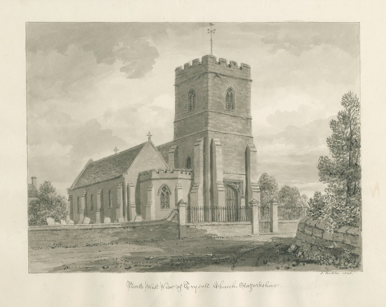 Trysull kirke: sepia vasketegning, 1846 av John Buckler