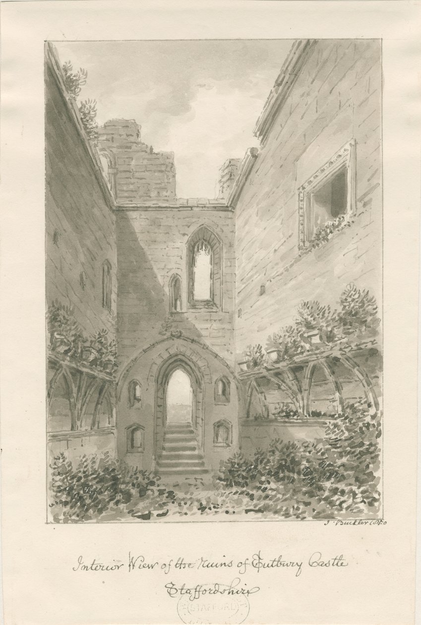 Tutbury Castle - Interiør av ruiner: sepia-vask-tegning av John Buckler