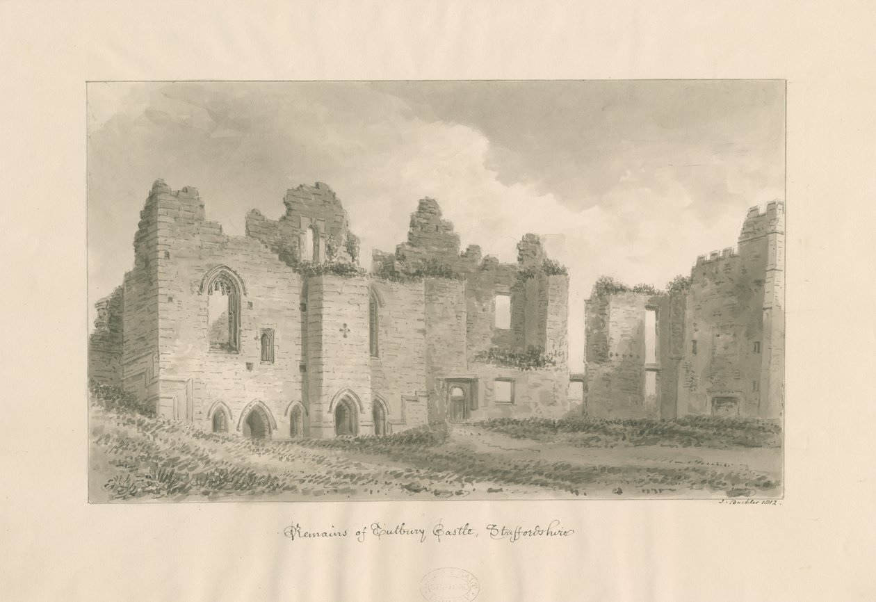Tutbury Castle - Remains from Inner Courtyard: sepia vask tegning, 1812 av John Buckler