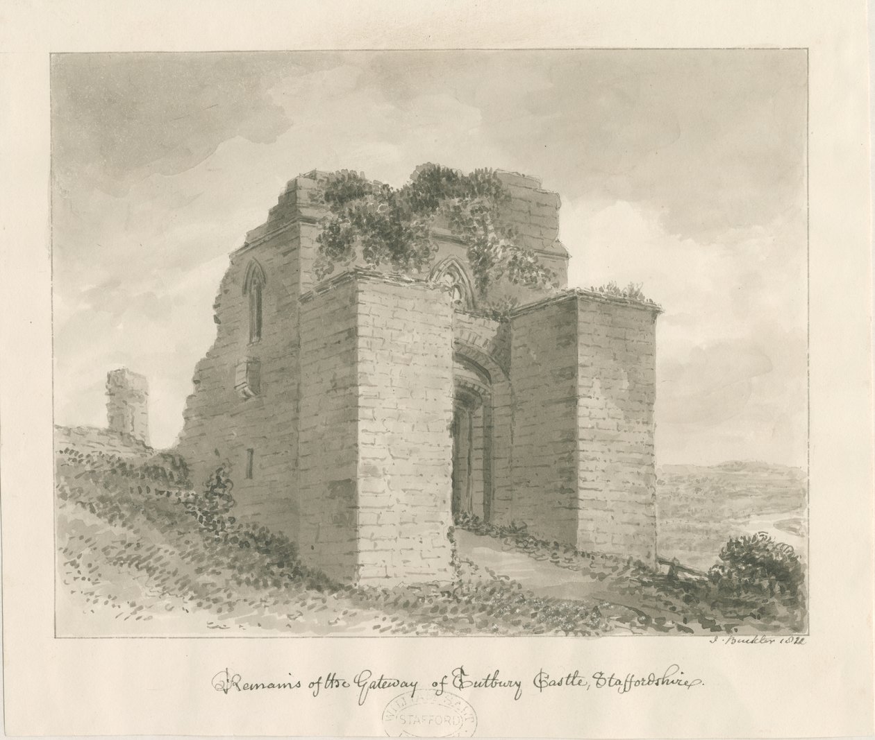 Tutbury Castle - Remains of the Gateway: sepia vask tegning av John Buckler