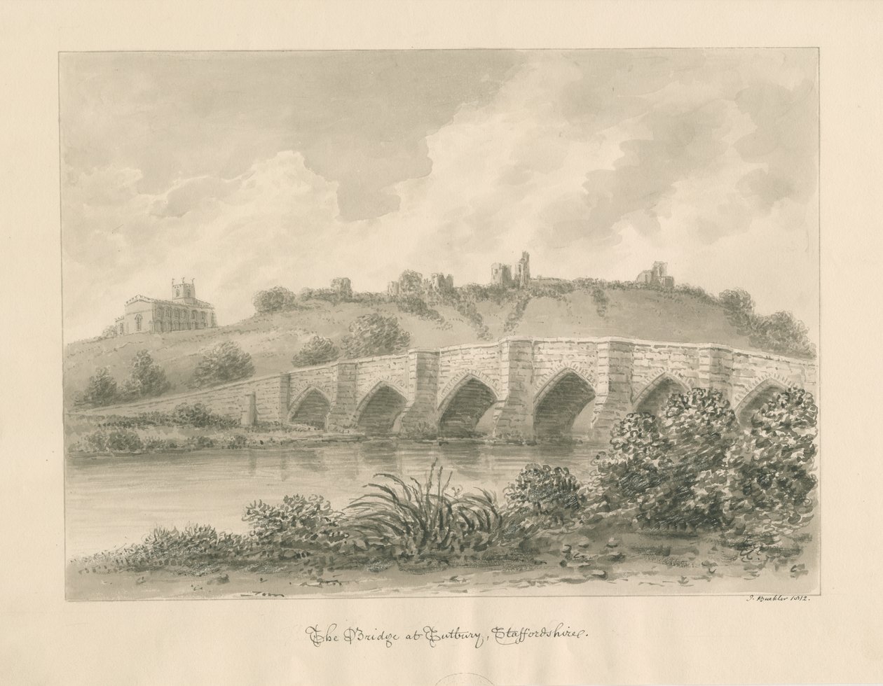 Tutbury Castle, Church and Bridge: sepia vask tegning av John Buckler